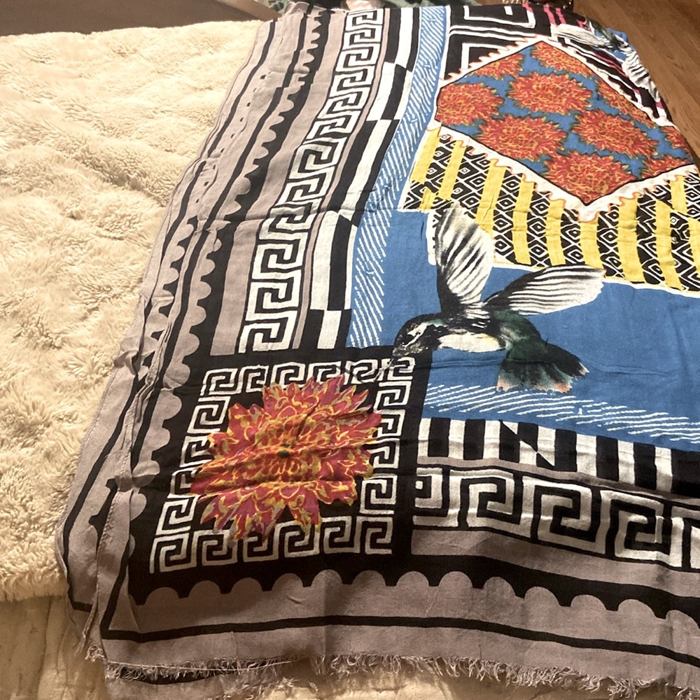 River Island Plaid 40” x 72” flower bird & multiprint wrap with fringes
